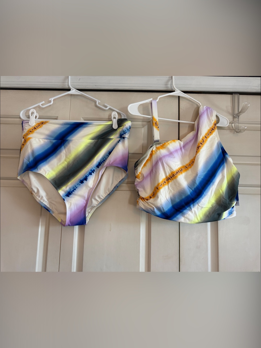 Lands' End One-Shoulder Striped Bikini Set in Blue, Purple & Yellow